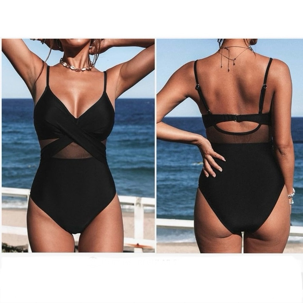 CUPSHE Women Mesh One Piece Black Swimsuit-M